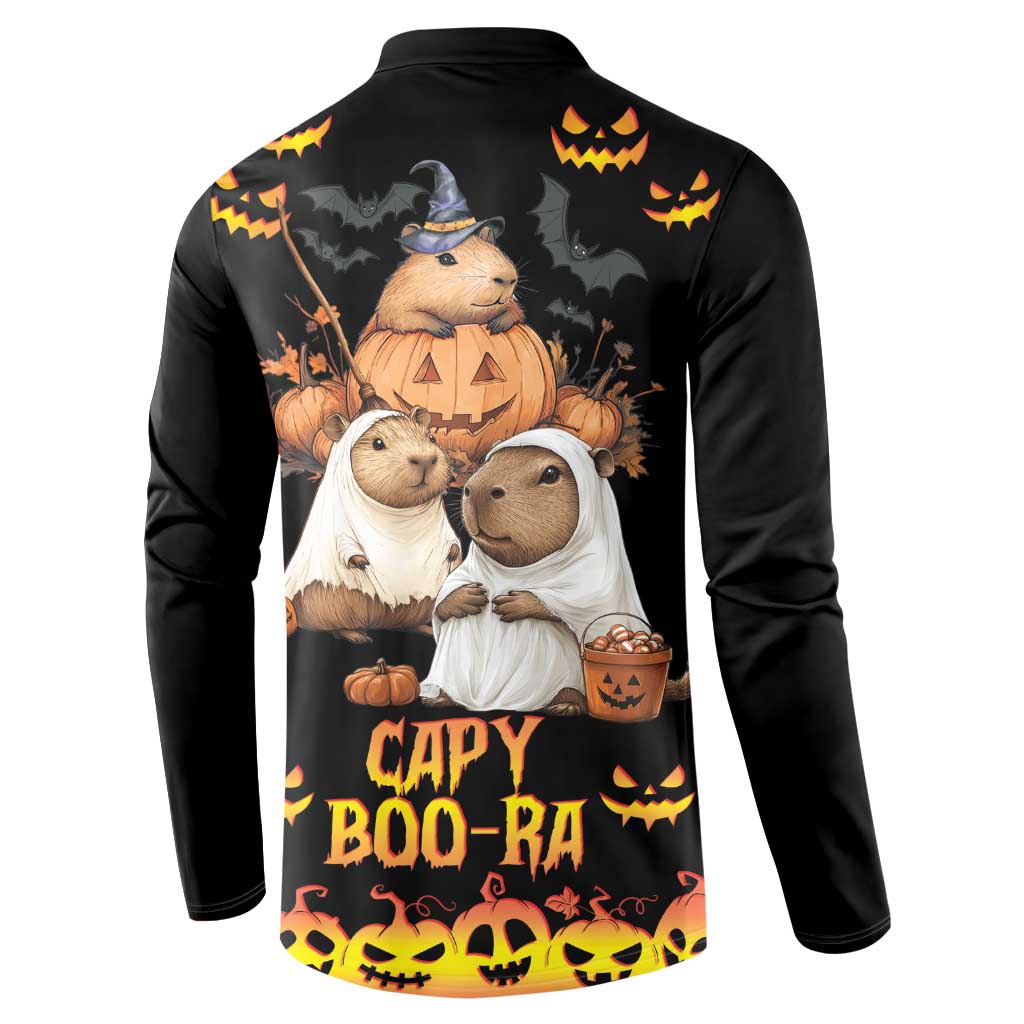 Black button-front sweatshirt back with “CAPY BOO-RA” text and jack-o’-lantern animal graphic