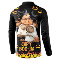 Black button-front sweatshirt back with “CAPY BOO-RA” text and jack-o’-lantern animal graphic