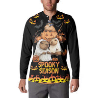 Black button-front sweatshirt on model with “Spooky Season” lettering and pumpkin animal print