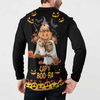 Black button-front sweatshirt back, “CAPY BOO-RA” text with bats and jack-o’-lanterns graphic