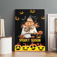 Black canvas wall art featuring cartoon animals in costume and “Spooky Season” title