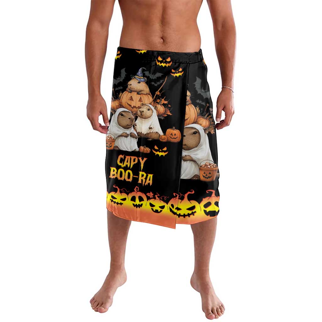 Black lavalava with cartoon capybara, pumpkins, bats, and Halloween lettering