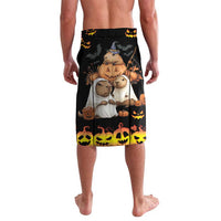 Black lavalava with capybara characters, pumpkins, bats, and yellow Halloween border