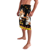 Black lavalava with capybara Halloween graphic, pumpkins, bats, and yellow hem detail