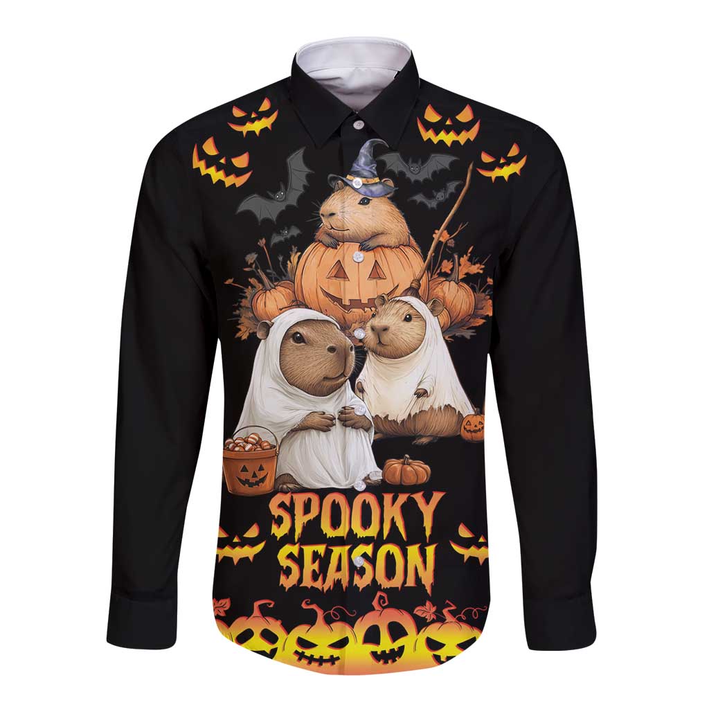 Unisex black long-sleeve button shirt with spooky capybara pumpkin graphic