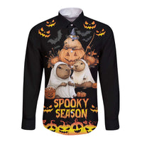 Unisex black long-sleeve button shirt with spooky capybara pumpkin graphic