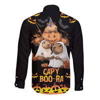 Unisex black long-sleeve button shirt, back print with CAPY BOO-RA and bats