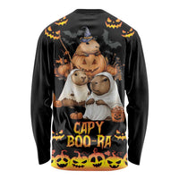 Unisex black long-sleeve shirt with spooky animal trio, jack-o-lantern, bats, and “Capy Boo-Ra” text