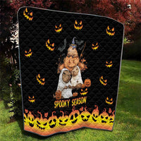 Black quilt with jack-o-lantern icons, central bunny bear illustration, 'Spooky Season' text