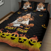 Black quilt bed set featuring teddy bears, jack-o'-lanterns, and 'Spooky Season' print