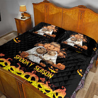 Black quilt bed set with teddy bears, jack-o'-lanterns, and bright 'Spooky Season' text