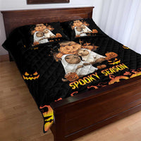 Black quilt bed set with teddy bears, jack-o'-lanterns, and 'Spooky Season' on quilt