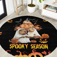 Black round Halloween carpet with cuddly animal trio, pumpkins, and 'Spooky Season' text