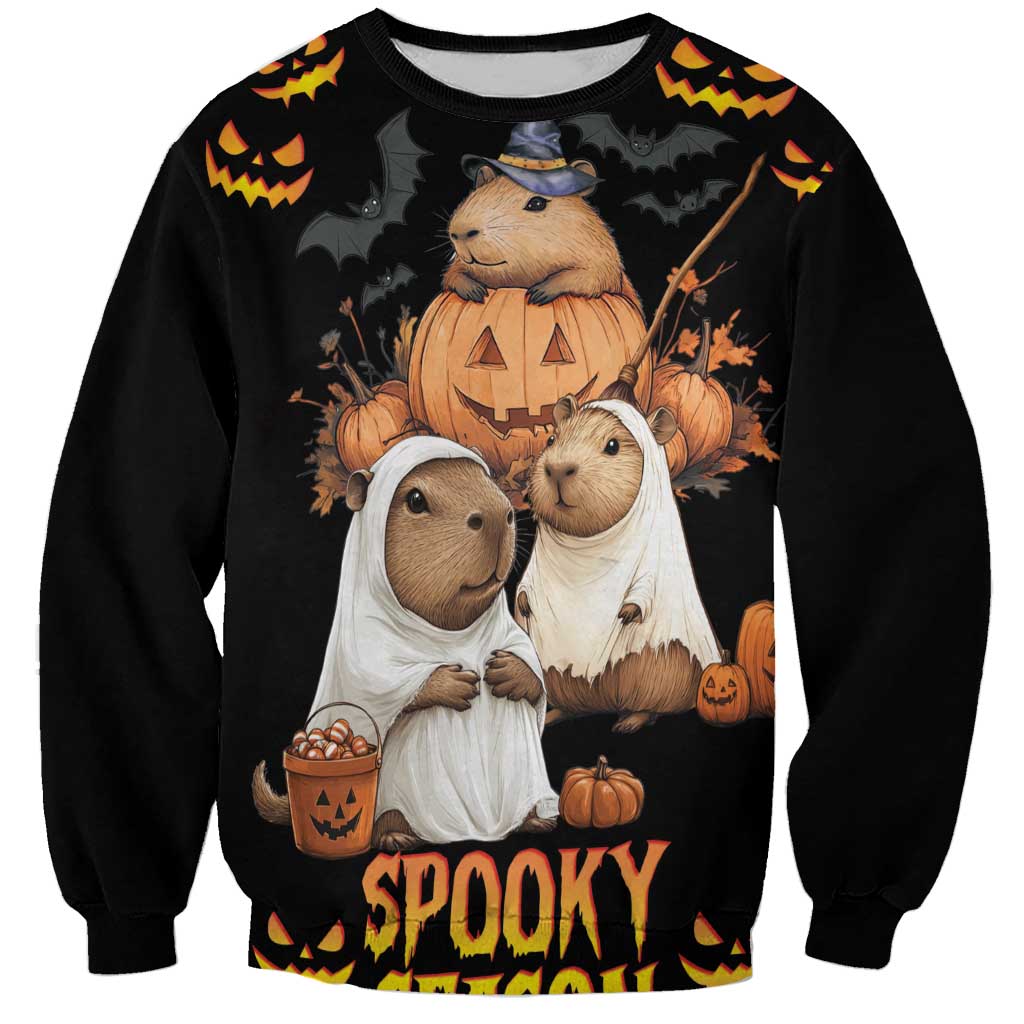 Black unisex Halloween sweatshirt with capybara witch graphic and “SPOOKY” text