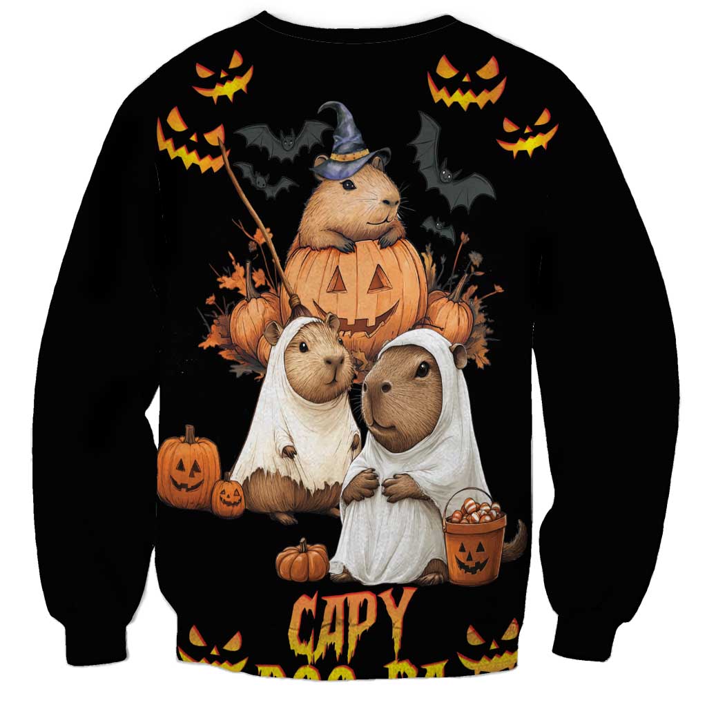 Black unisex Halloween sweatshirt, capybara witch trio graphic with “CAPY” text