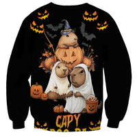 Black unisex Halloween sweatshirt, capybara witch trio graphic with “CAPY” text