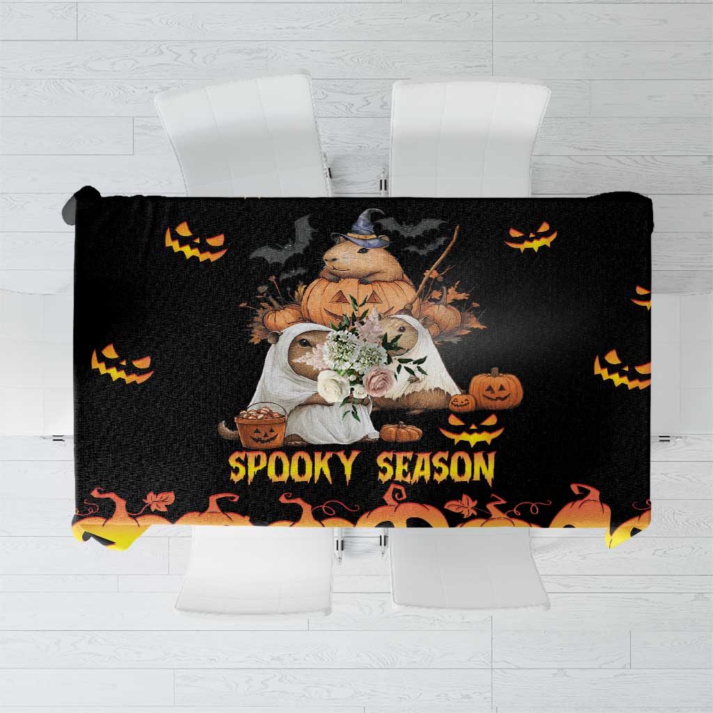 Halloween tablecloth, black with orange "Spooky Season" graphic and pumpkins