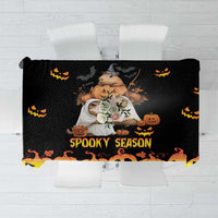 Halloween tablecloth, black with orange "Spooky Season" graphic and pumpkins