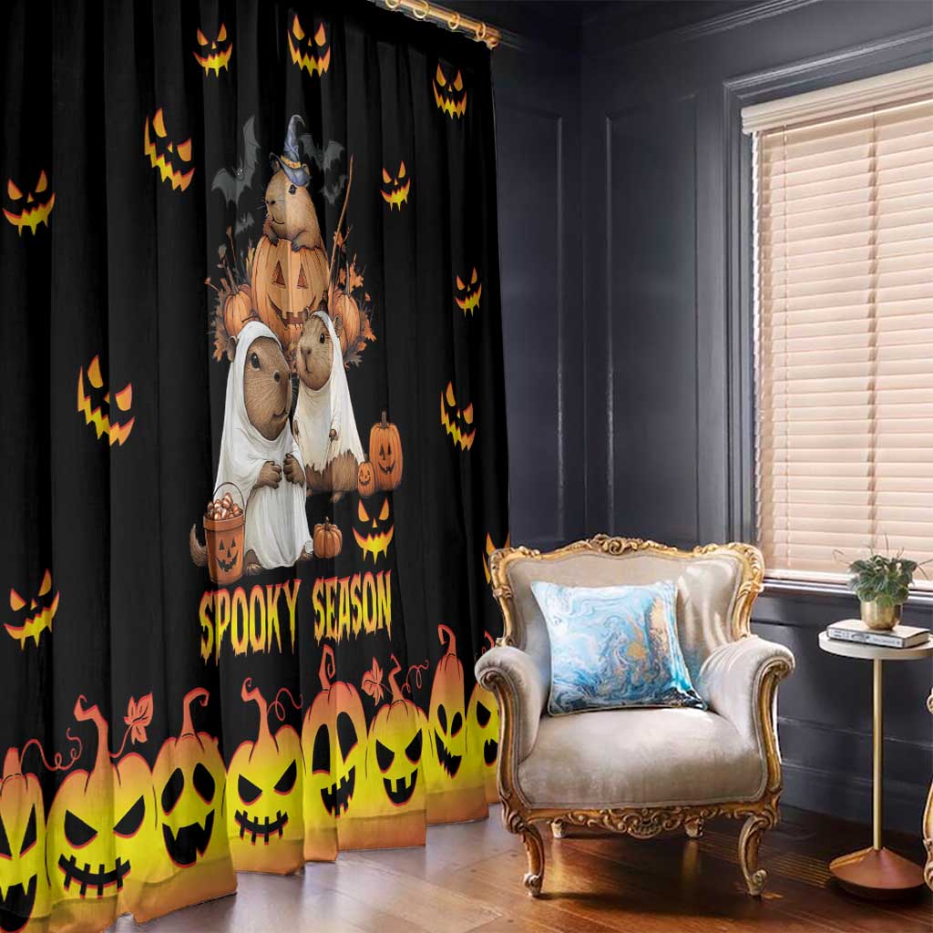 Halloween black window curtain featuring spooky cartoon animals and jack-o'-lantern pattern