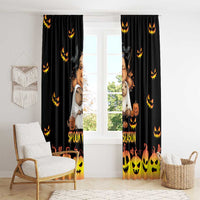 Black Halloween window curtain showing spooky cartoon animals and repeating orange jack-o'-lanterns