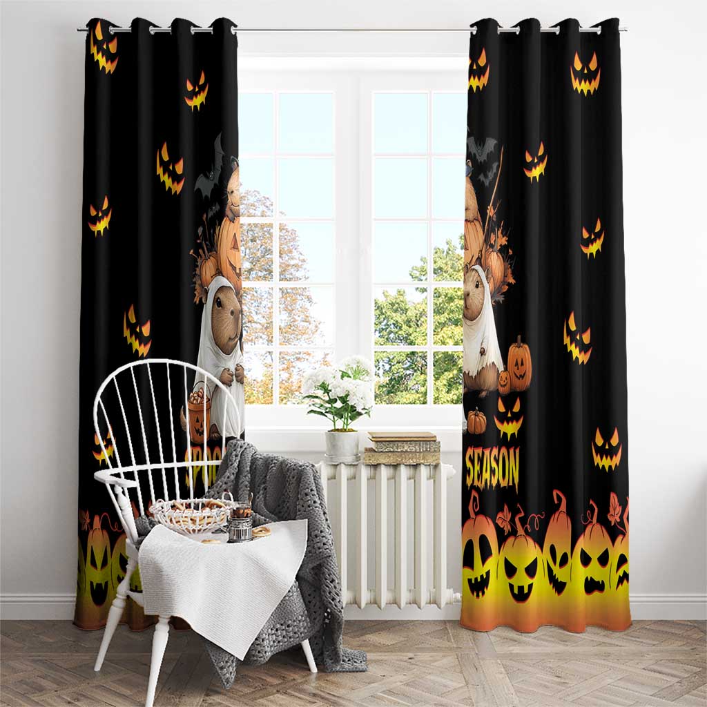 Black Halloween window curtain with spooky cartoon animals, pumpkins, and a jack-o'-lantern border