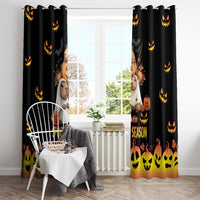 Black Halloween window curtain with spooky cartoon animals, pumpkins, and a jack-o'-lantern border