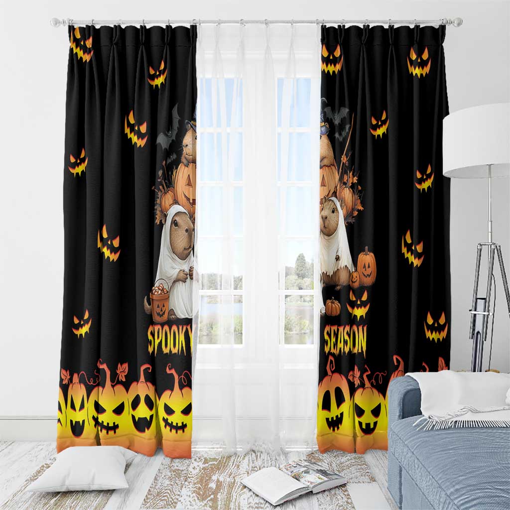 Black Halloween window curtain with spooky cartoon animals, jack-o'-lanterns, and orange accents