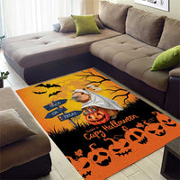 Orange Halloween capybara area rug, capybara in ghost sheet over pumpkin jack-o-lantern designs