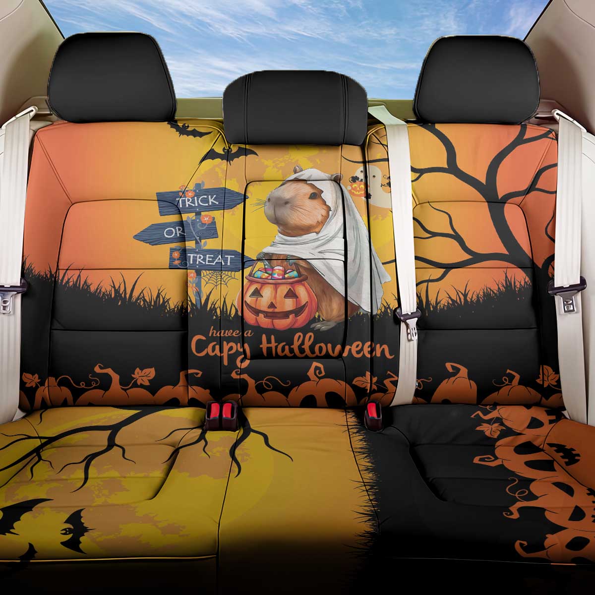 Happy Capy-Boo-Ra Back Car Seat Cover Capybara Ghost Trick or Treat