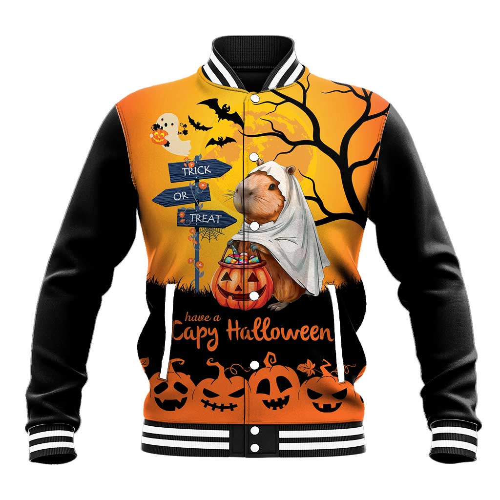 Orange and black varsity baseball jacket with capybara ghost Halloween graphic, front view