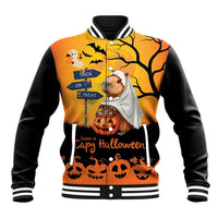Orange and black varsity baseball jacket with capybara ghost Halloween graphic, front view