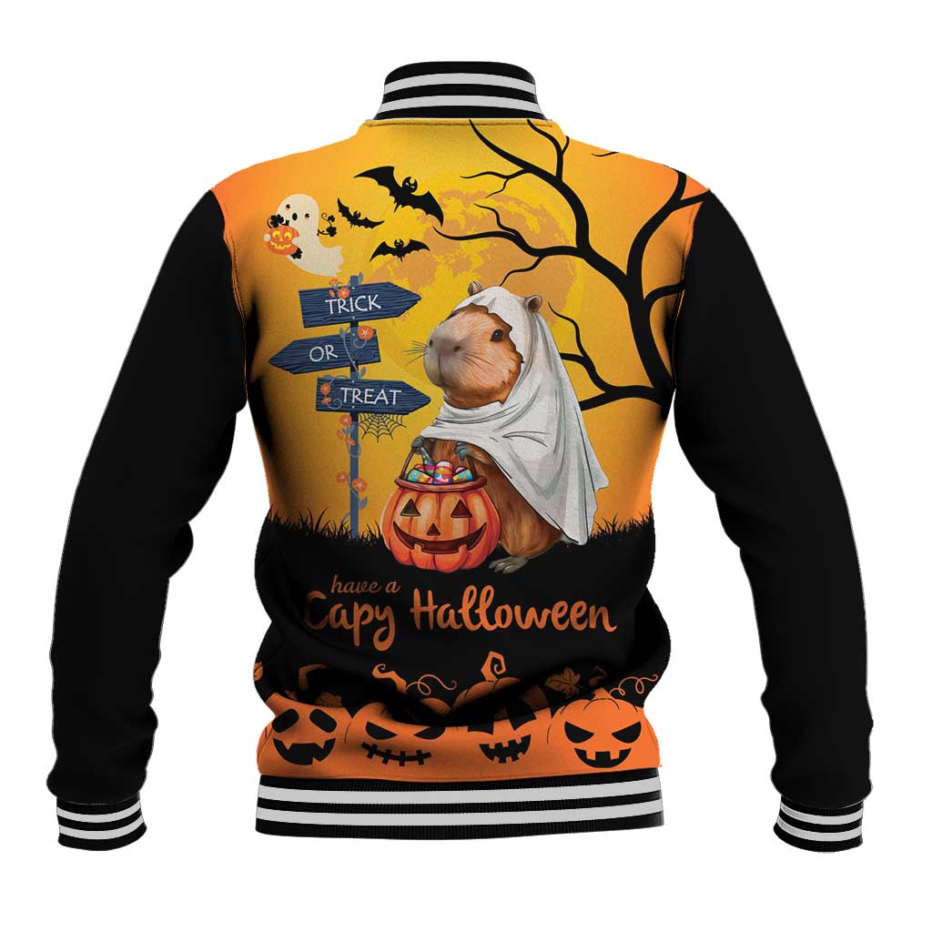Orange and black varsity baseball jacket with capybara ghost Halloween graphic, back view