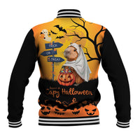 Orange and black varsity baseball jacket with capybara ghost Halloween graphic, back view