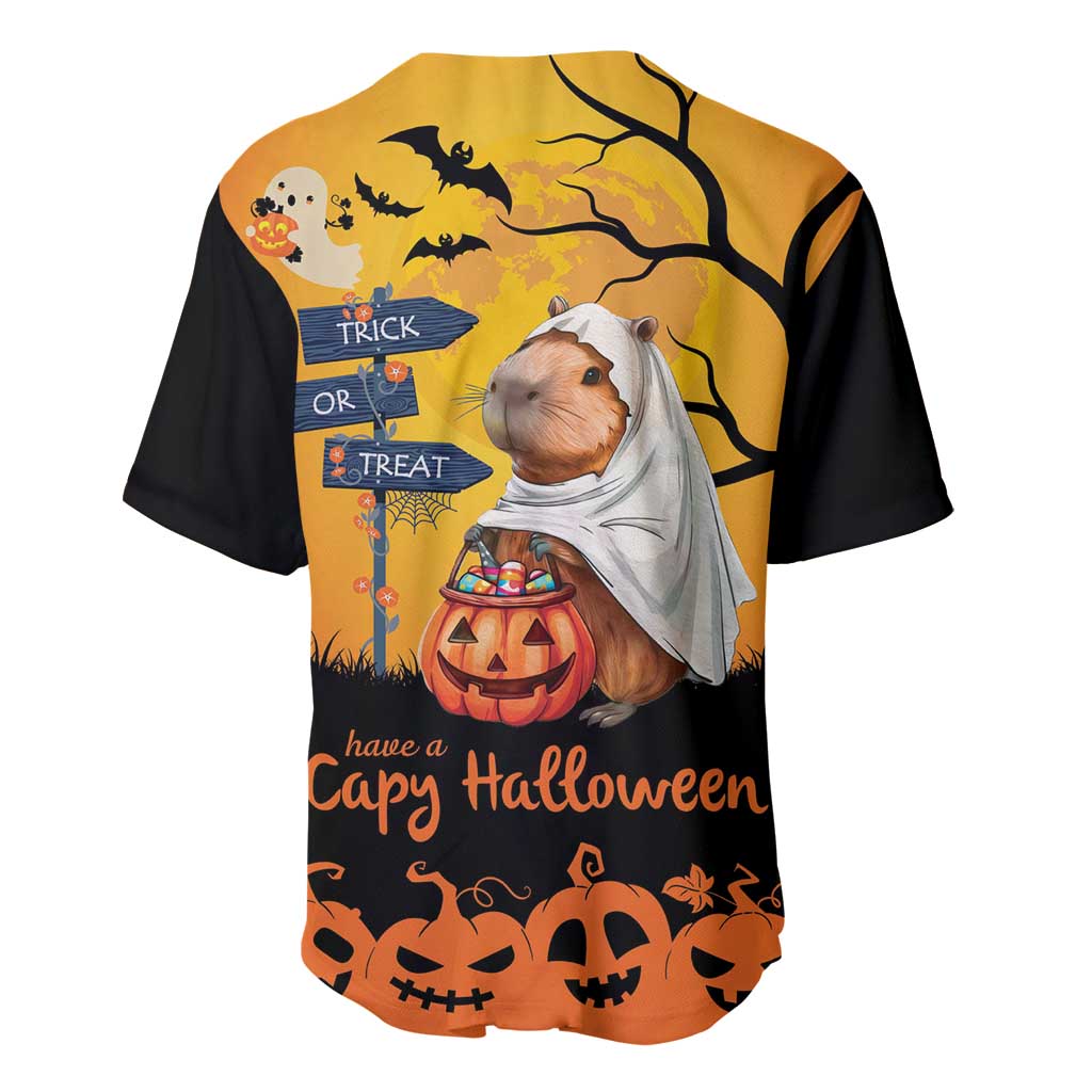 Halloween baseball jersey featuring capybara in ghost hood holding candy bucket, orange/black.
