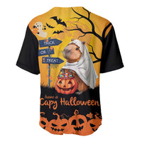 Halloween baseball jersey featuring capybara in ghost hood holding candy bucket, orange/black.