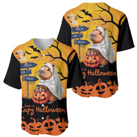 Two Halloween baseball jerseys with capybara ghost artwork, jack-o'-lanterns, orange/black.