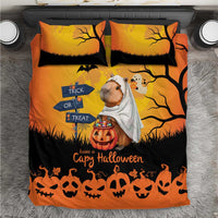 Orange Halloween bedding set with two pillows, bat and pumpkin prints, capybara ghost detail