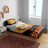 Orange Halloween bedding set on gray bed: capybara ghost print, bats, and pumpkin “Have a Capy Halloween”