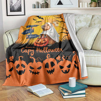 Orange Halloween capybara ghost throw blanket with pumpkins, bats, and 'Trick or Treat' sign