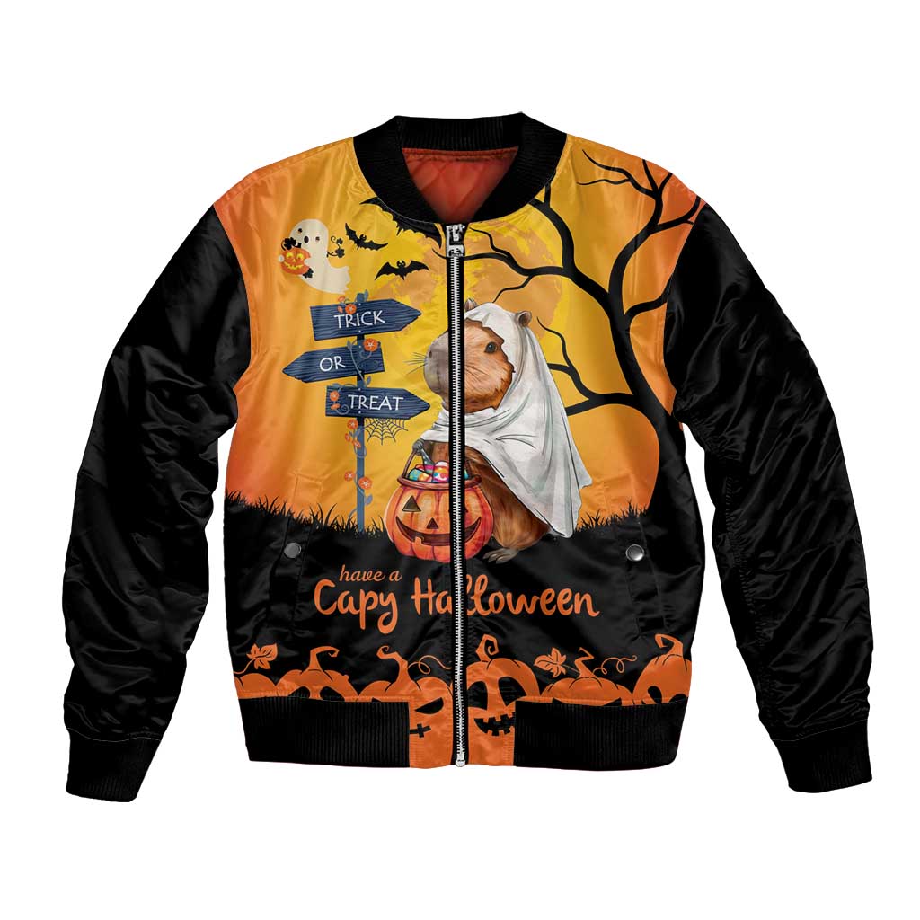 Orange and black bomber jacket with capybara ghost Trick or Treat graphic