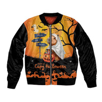Orange and black bomber jacket with capybara ghost Trick or Treat graphic