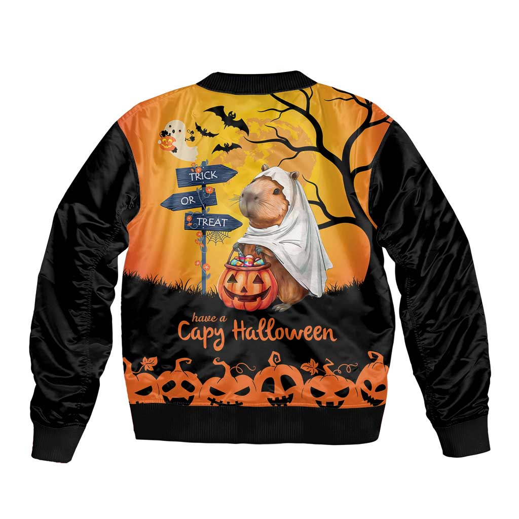Unisex bomber jacket, orange/black with capybara in ghost hood and pumpkins