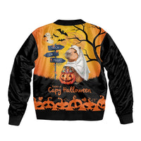Unisex bomber jacket, orange/black with capybara in ghost hood and pumpkins