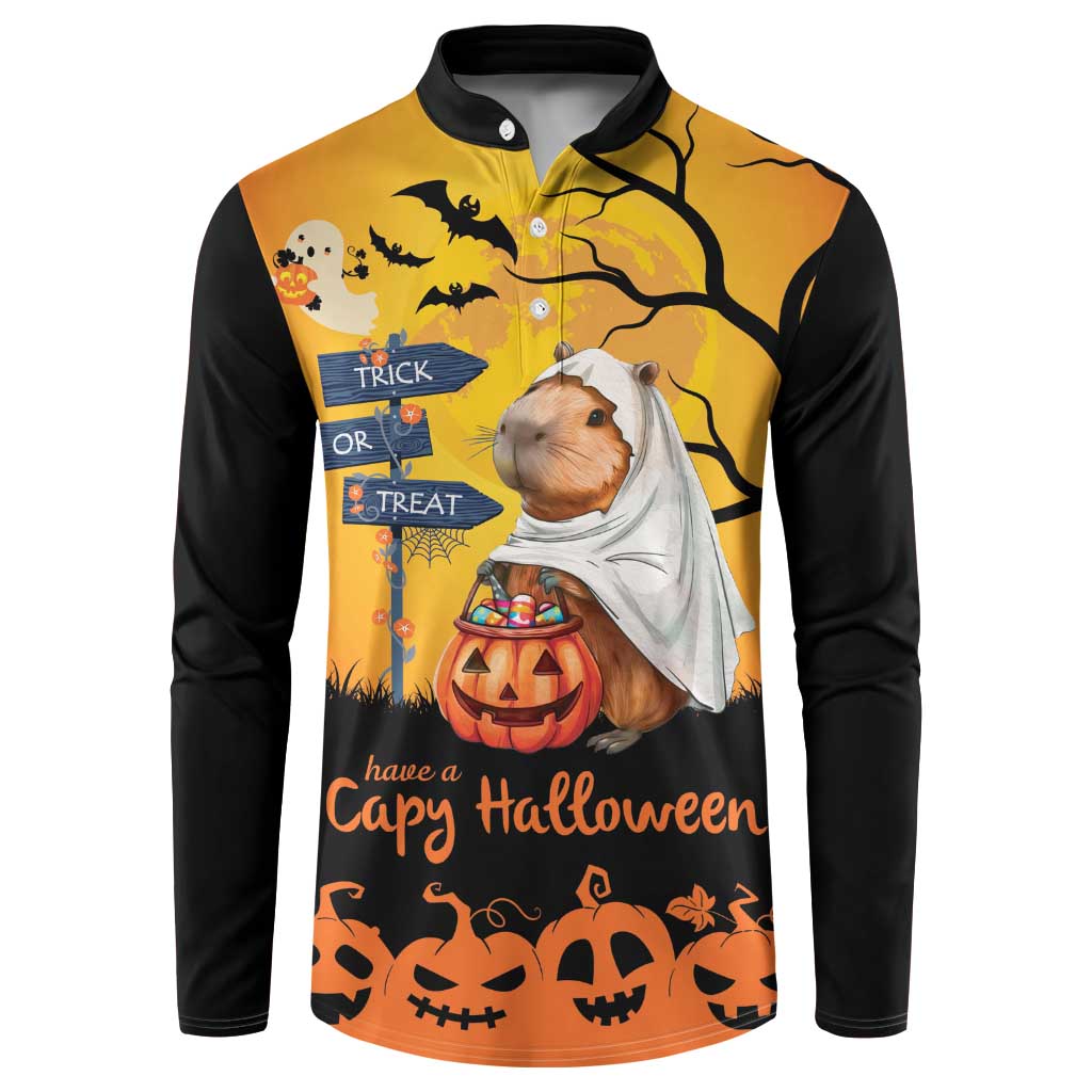 Halloween button sweatshirt, orange/black sleeves, capybara-ghost and jack-o'-lantern front