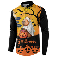 Halloween button sweatshirt back, orange/black sleeves, capybara-ghost and Happy Halloween text