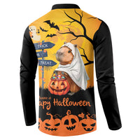 Halloween button sweatshirt, orange panel with capybara-ghost, pumpkins, bats, and Happy Halloween