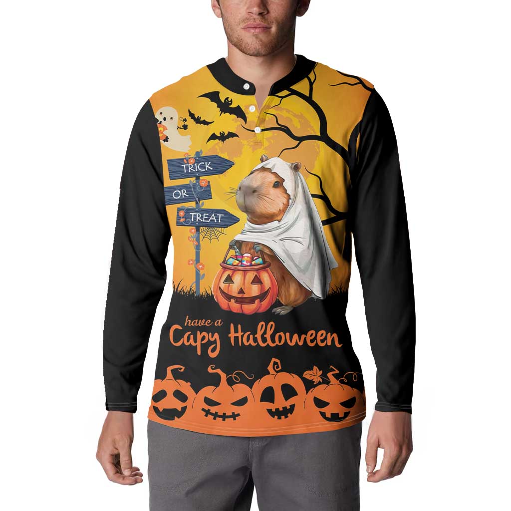 Halloween button sweatshirt with capybara-ghost graphic, orange/black sleeves, pumpkins and bats