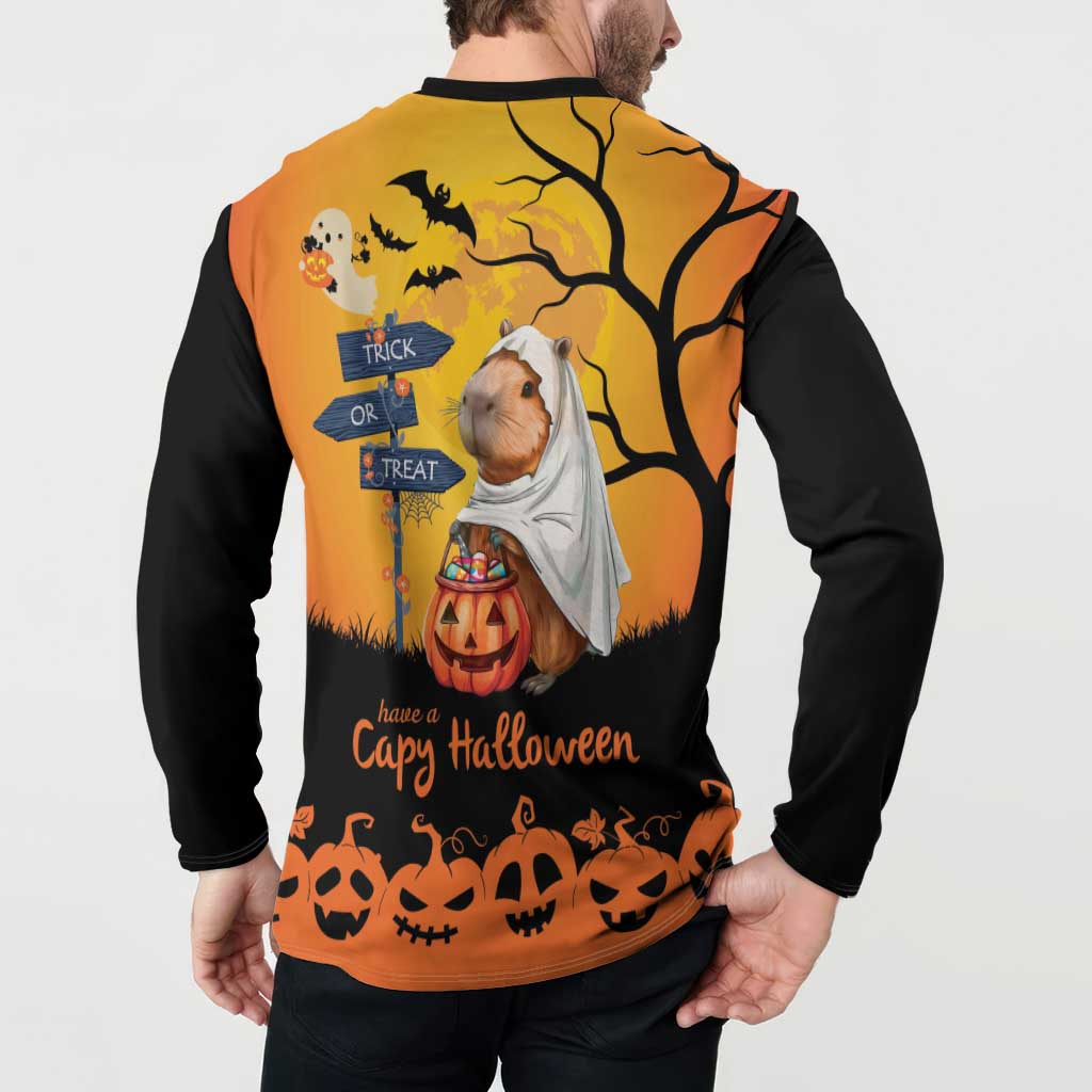 Halloween button sweatshirt back view, orange/black sleeves, capybara-ghost and Happy Halloween
