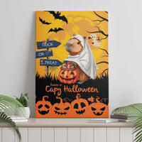 Orange Halloween canvas wall art featuring a capybara ghost holding a trick-or-treat jack-o-lantern