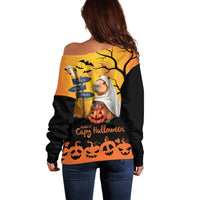 Off-shoulder sweater with orange-black back print of capybara ghost and pumpkins